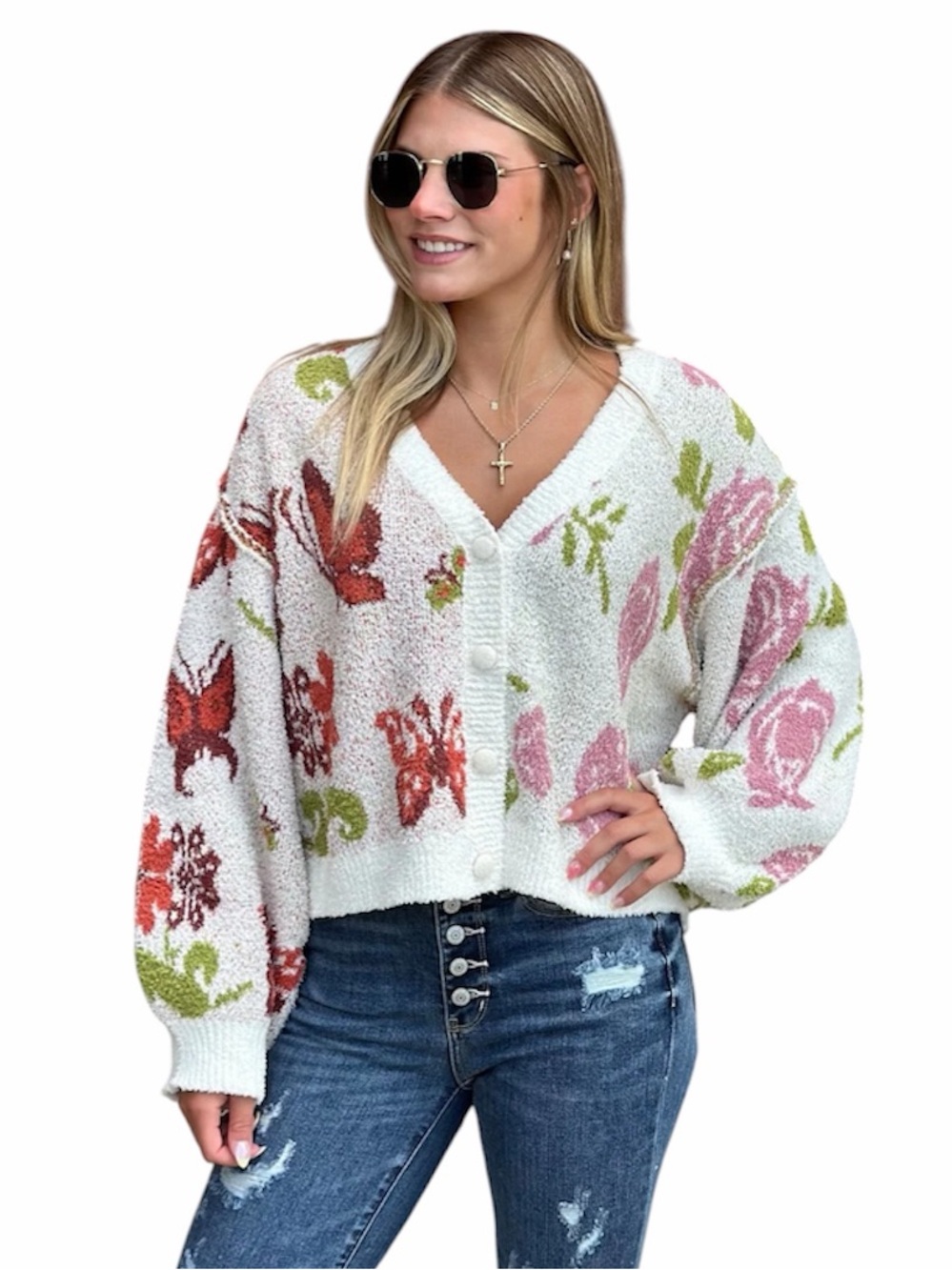 POL ($125) Butterfly Blossom Button-Down Cardigan - PTP 30